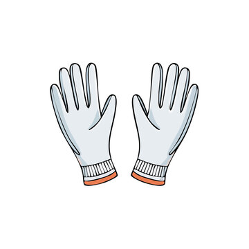 Pair of cartoon white work gloves with orange cuff detail, open hands, isolated graphic illustration