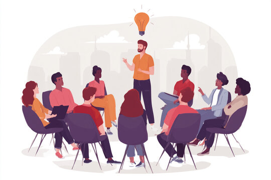 group of people with the leader, speech in front of the audience, brainstorming, looking for ideas, discussing a topic