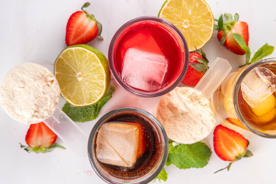 Clear whey drink, transparent non-dairy taste isolate protein cocktail, rich in protein take away sweet soda beverages with various fruit tastes, healthy diet non sugar beverages