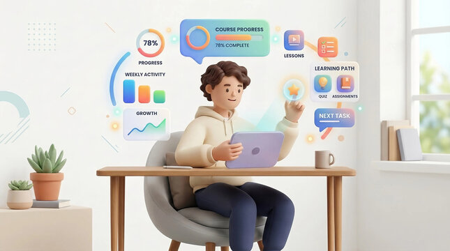 Online learning concept with student using laptop and interactive progress dashboard in home office