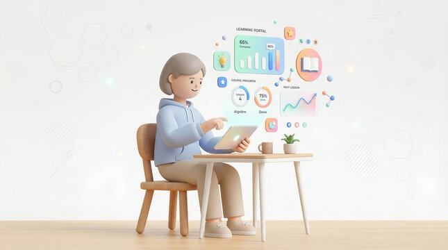 3D student using tablet with learning progress dashboard and online course icons