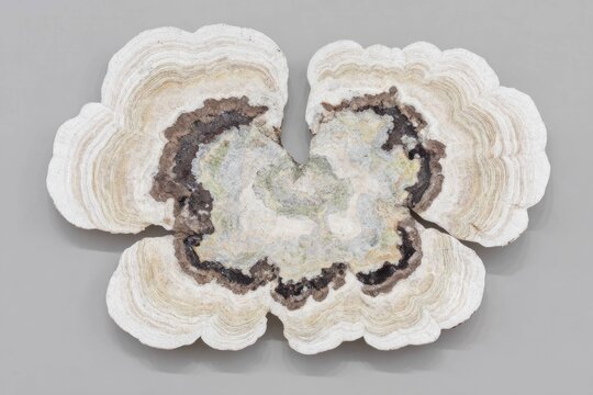 Close up of natural white and brown bracket fungus with layered texture growing on gray background, showing detailed pattern and organic shape of shelf mushroom.