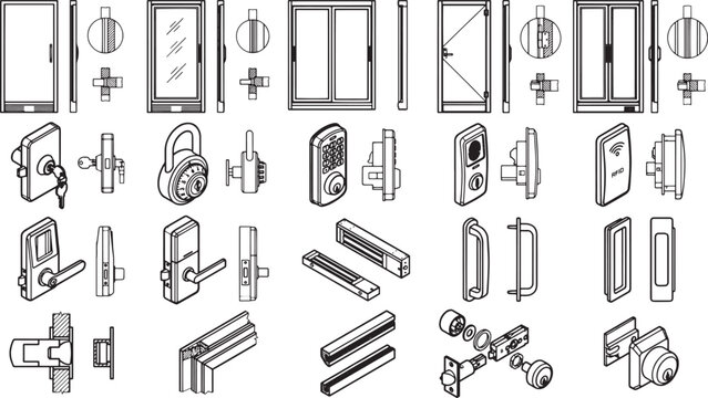 Illustrative depictions of varied door components, showcasing an assortment of designs, offering a detailed glimpse into the architectural and design elements of building entrances.