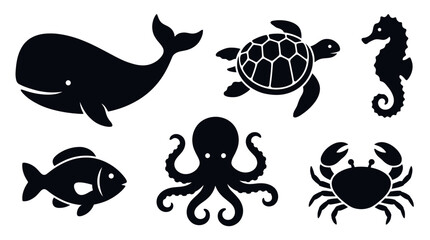Black silhouettes of various sea creatures. © Abhinaya Project
