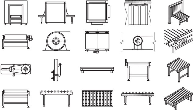 Blueprint style drawing of various pieces of equipment, illustrating the details and functionality of a variety of machines for the industrial industry.