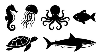 Black silhouettes of various sea creatures. © Abhinaya Project