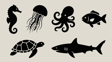 Black silhouettes of various sea creatures. © Abhinaya Project