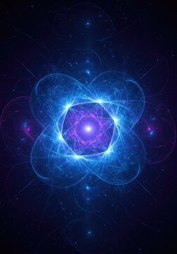 Complex abstract digital artwork showing pulsating subatomic energy flows and rhythmic geometric patterns in deep blue and purple space, frequency, field, subatomic