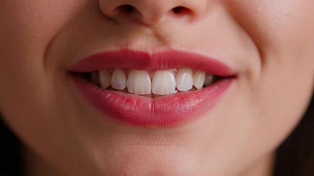 Healthy white teeth and pink lips close up, woman smiling with perfect dental alignment, beauty and oral hygiene concept