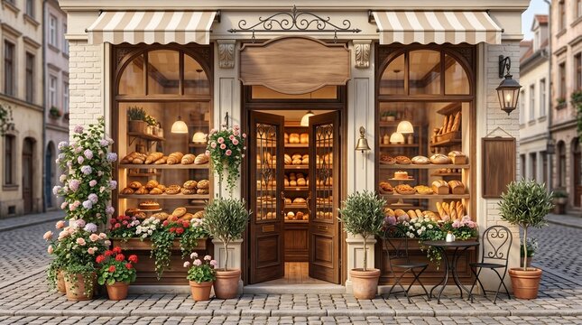 Charming Parisian-style bakery facade with overflowing displays of fresh baked goods, flowers, and seating outside