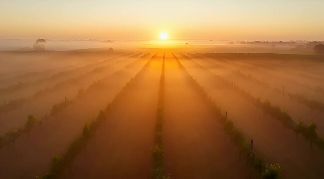 Golden sunrise over misty vineyard, aerial view of morning fog in grape rows, sun rays illuminating agricultural farm landscape at dawn