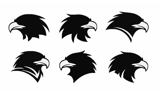 Black eagle head silhouette logo set with strong bird mascot icons for sports branding and modern identity design