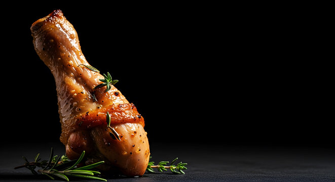 Roasted chicken drumstick with crispy skin garnished with fresh rosemary and thyme on a dark background