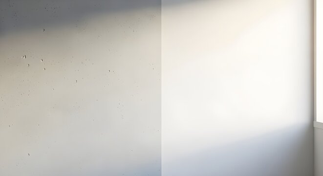Soft sunlight falls across an empty minimalist interior wall and corner window, revealing subtle plaster texture and gentle shadows,  suitable for architectural or design use