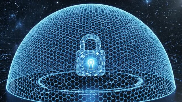 Digital Security Shield Protecting a Glowing Padlock Icon with Hexagonal Mesh Overlay