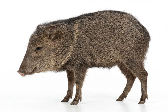 Collared peccary wild pig standing isolated on a clean white background.
