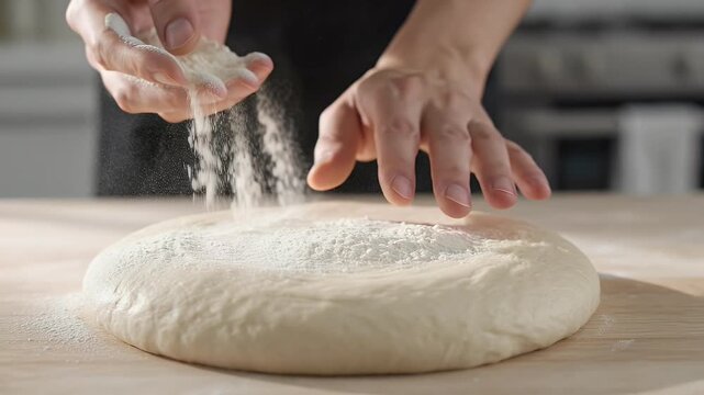 Professional chef sprinkling white flour on fresh pizza dough, baker hands preparing raw bread dough on wooden table, culinary process in kitchen