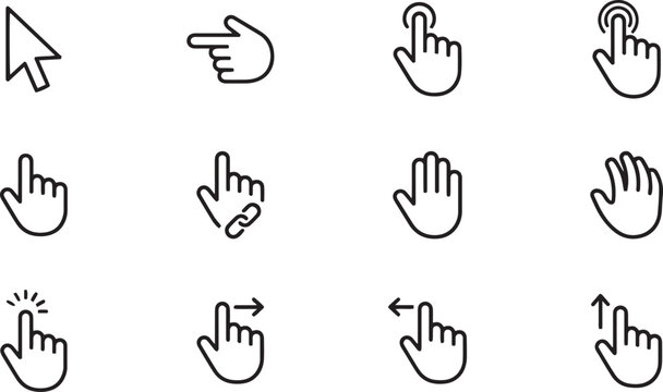 Collection of hand gestures and cursor icons in black and white