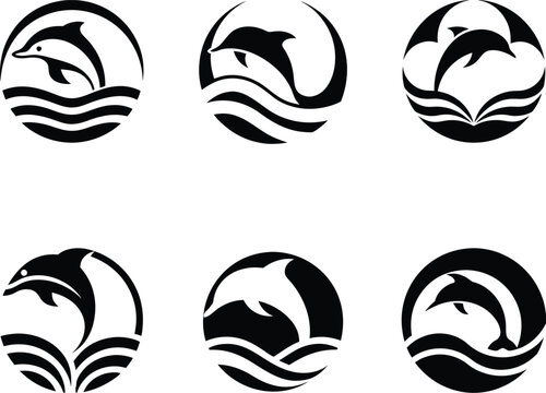 Set of Six Minimalist Circular Dolphin and Wave Logo Designs