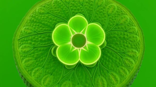 Green circular microscopic organism with flower pattern.