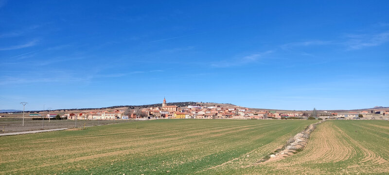 Celadas rural village green fields Sierra Palomera valley Teruel Spain