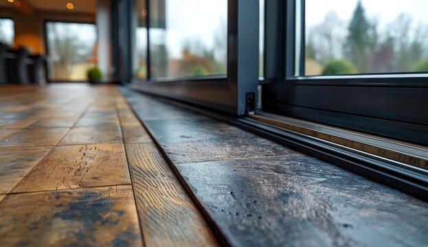 Indoor rustic wood flooring meets dark stone threshold beside a large glass patio door