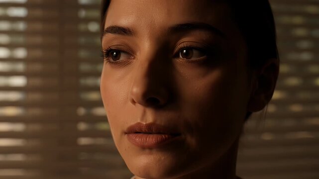 Pensive young woman with serious expression, cinematic portrait of a thoughtful female face, dramatic lighting in dark room with window blinds