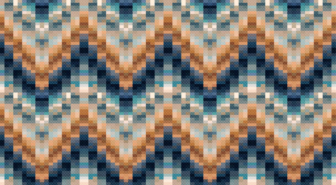 Seamless colorful geometric zig zag mosaic pattern. Retro blue tones ethnic tribal fabric. Vector background