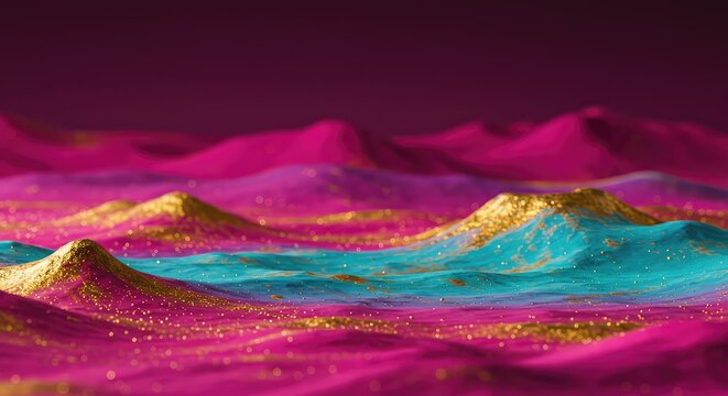 Surreal, highly saturated abstract landscape field with swirling magenta, cyan, and gold patterns. Vivid artistic background, swirling, artistic, intensity