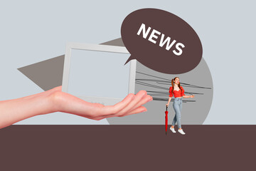 Creative collage of digital frame with bold news bubble concept of modern communication fake news...