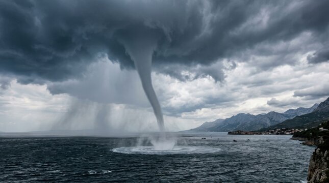 Dramatic waterspout formation over the ocean with dark storm clouds and mountains.