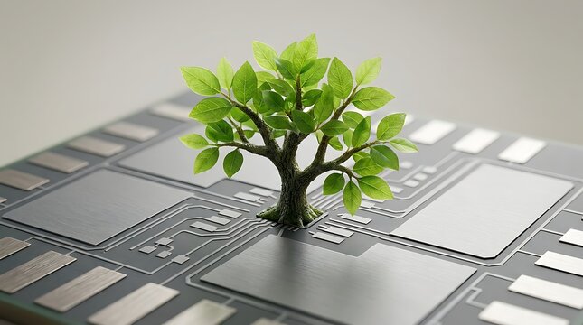 Pohon Tumbuh di Papan Sirkuit Teknologi Hijau Konsep Inovasi
