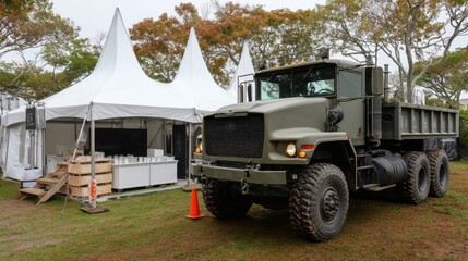Obraz premium An army jeep is next to a tent, with green paint and black seats, located in a grassy area with trees around it.