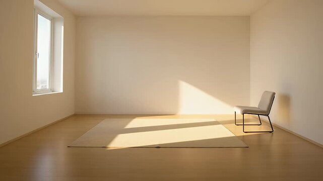 Minimalist empty room with sunlight, modern interior space with wooden floor and chair, bright spacious apartment background for virtual staging