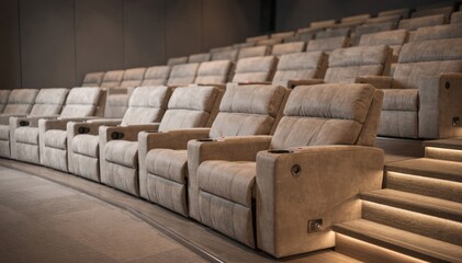 Fototapeta premium Medium shot highlighting luxury recliner seats in an auditorium focused on plush seating layout with aisles and accessibility routes softly blurred.