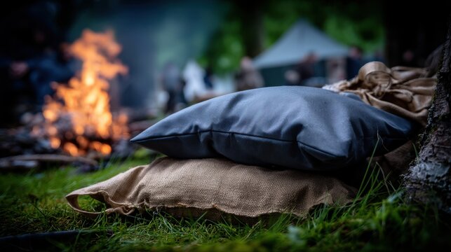 A small pile of worn mres is next to a smoldering campfire with plastic packaging lying on the ground among dirt and grass