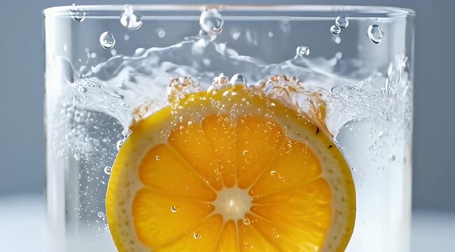 Fresh orange slice splashing into water glass, slow motion citrus fruit falling in liquid with bubbles, refreshing cold summer drink concept