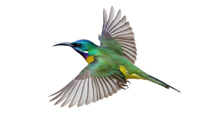 Fototapeta premium Vibrant Green Sunbird in Mid Flight with Iridescent Blue Purple Throat Isolated on Transparent Background