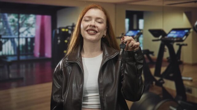 Redhead woman holding car keys up and smiling broadly in a fitness studio, wearing leather jacket and white top; achievement joy.