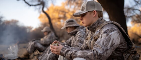 Obraz premium Hunter sits by fire preparing a meal as friends stand nearby in outdoor setting during the evening. Focus on hands and fire activity