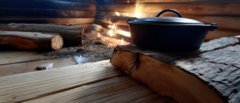 Firewood burns brightly with flames reaching up beside a cooking pot, creating a warm and inviting atmosphere in a dark space