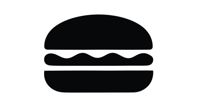 A simple black and white illustration depicts a classic hamburger with layered components high quality professional