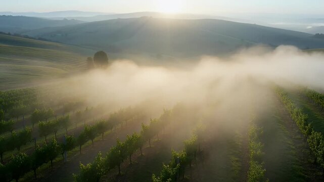 Misty vineyard at sunrise, aerial view of rolling hills with morning fog, golden hour landscape over rows of grapevines in a rural valley