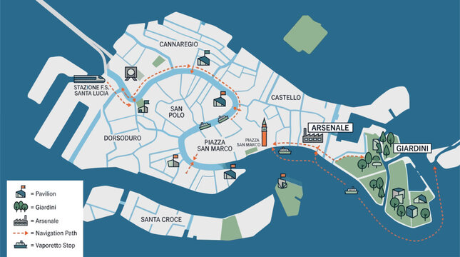 A clear flat design illustration of a stylized map, guiding visitors through the various exhibition venues of the Venice Biennale. 