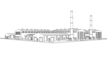 Obraz premium Architectural sketch of a large industrial building with chimneys.