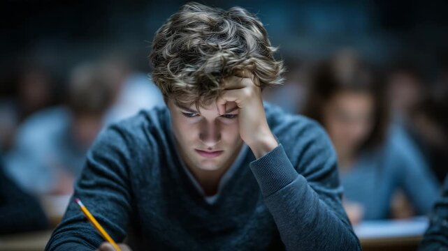 Dramatic exam scene showing a faceless high school student frozen in anxiety, covering their face while sitting at a school desk, pencil and eraser beside an unfinished test paper,