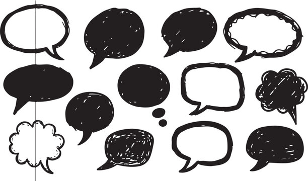 Childish crayon drawn scrapbook speech bubble stickers. Scribble doodle paper stickers for hand drawn notes, collages and social media designs. Rippled paper dialogue or conversation clouds,