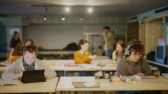 Students are focused on their studies in a bright, contemporary classroom setting. Young people engage with educational materials and technology during their learning session.