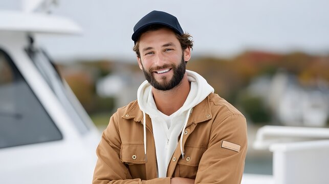 Smiling man in casual outdoor clothing with young man portrait outdoors