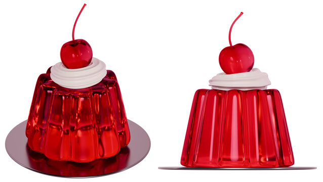 Cherry jello red dessert 3d illustration on transparent background. Jelly cupcake with whipped cream icing and cherry on top, front and isometric perspective view